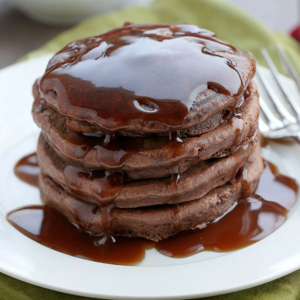 Delicious double chocolate pancakes topped with chocolate syrup and berries