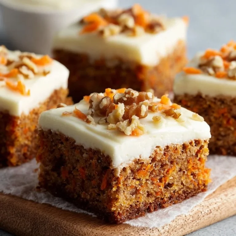 Delicious carrot cake bars with cream cheese frosting on a wooden serving board.