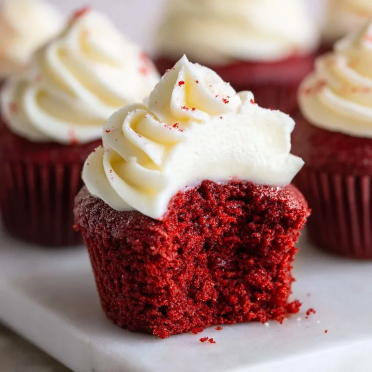 Delicious red velvet cupcakes with cream cheese frosting on a plate.