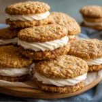 Delicious homemade oatmeal cream pies on a rustic wooden table.
