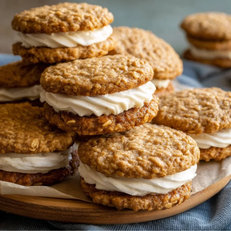 Delicious homemade oatmeal cream pies on a rustic wooden table.