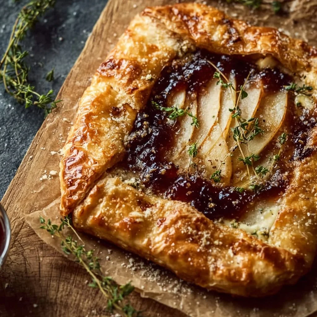 Delicious Jammy Brie Galette with melted cheese on a flaky puff pastry