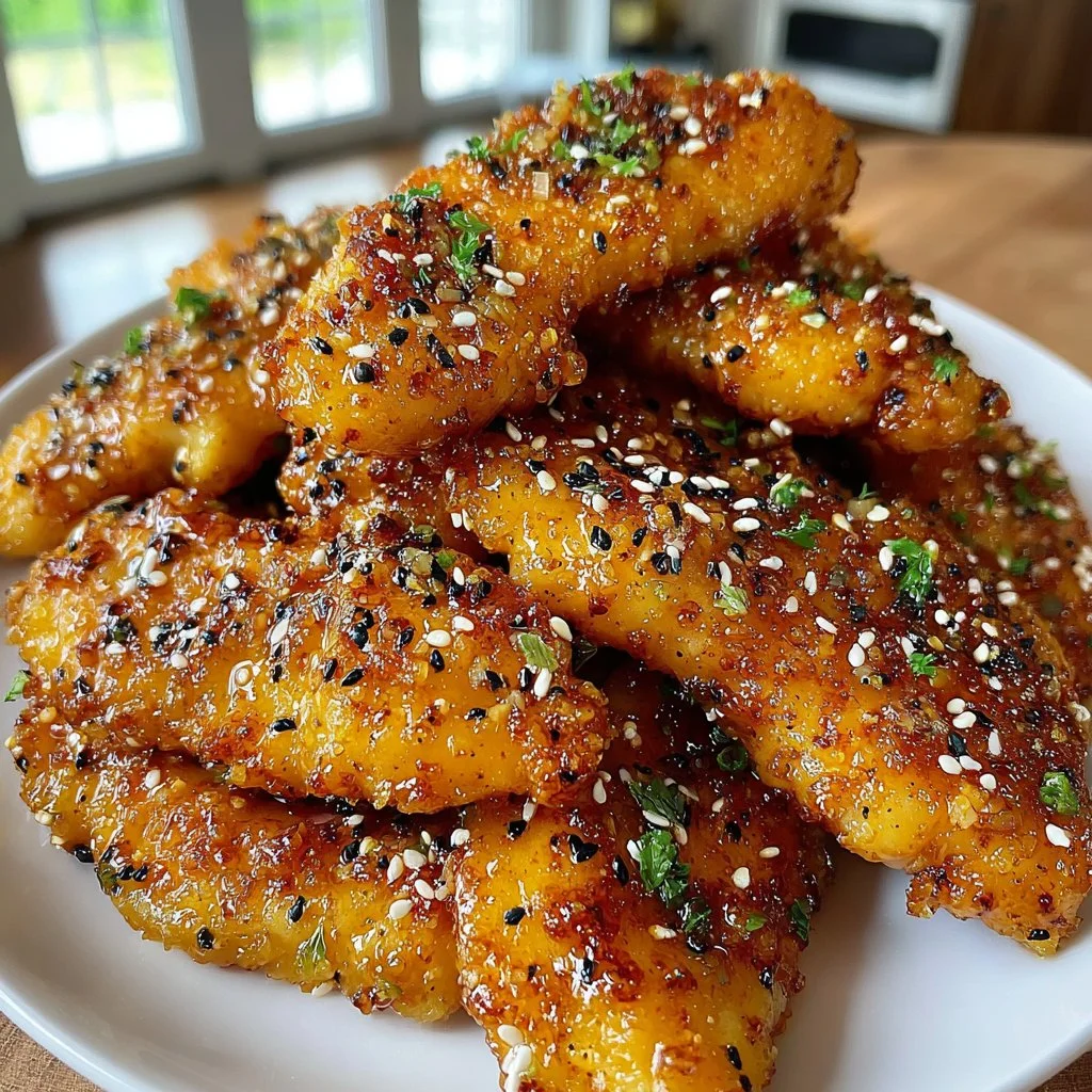 Air-fried honey butter garlic chicken tenders served with dipping sauce.