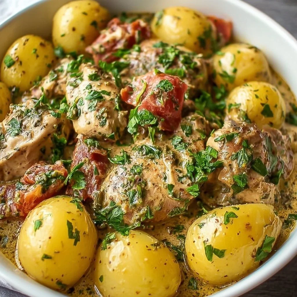 Delicious Italian Crockpot Chicken and Potatoes served in a bowl