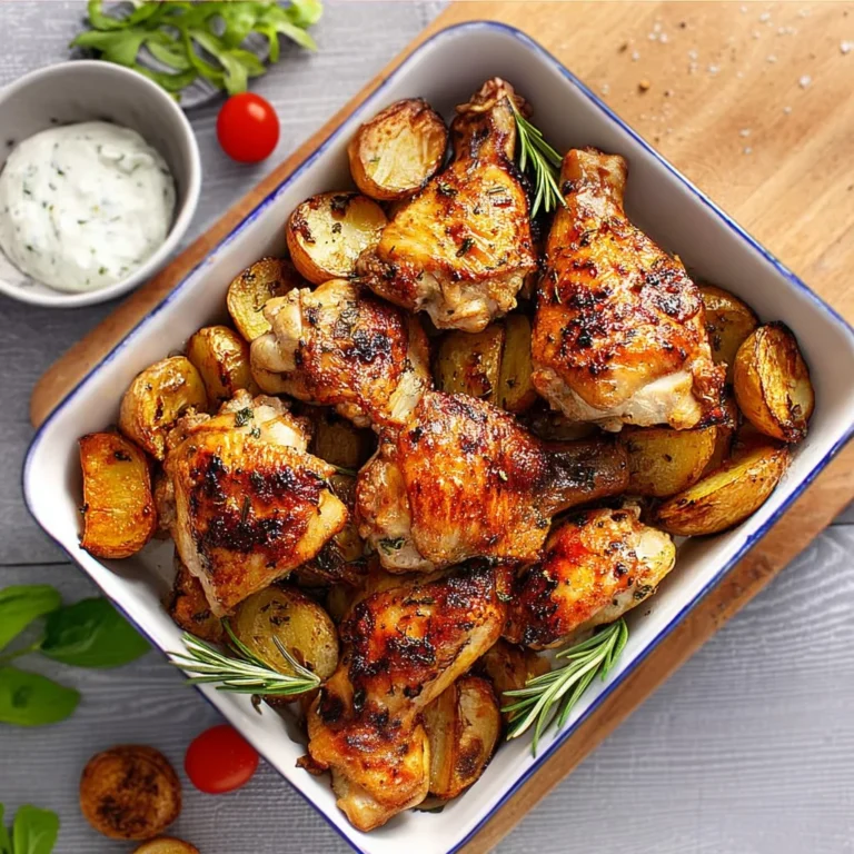 Juicy baked chicken pieces served on a plate with herbs