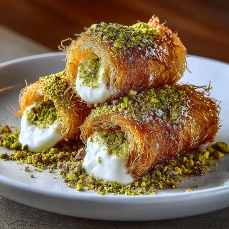 Delicious Kataifi Rolls with Pistachio, showcasing crispy pastry and creamy filling.