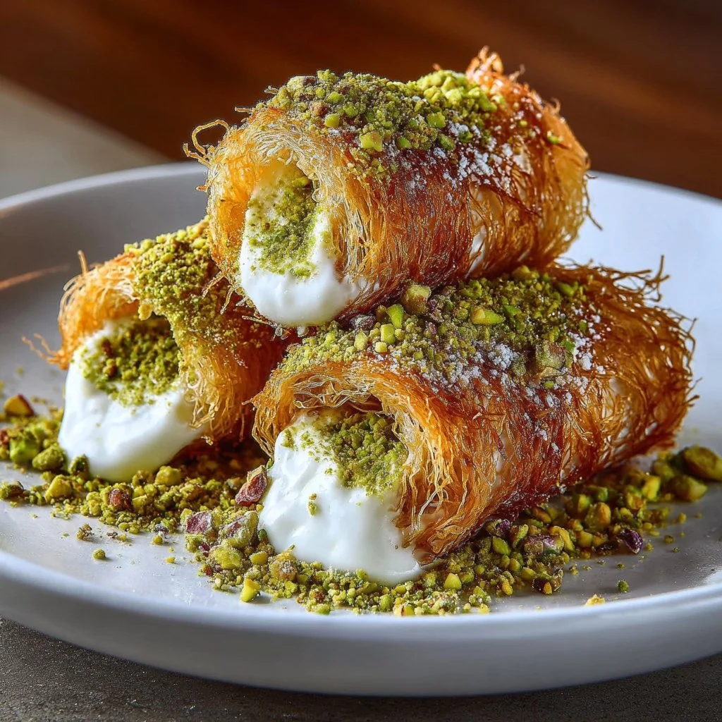 Delicious Kataifi Rolls with Pistachio, showcasing crispy pastry and creamy filling.