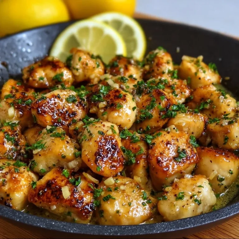 Delicious lemon garlic chicken bites served on a plate with herbs and lemon slices.