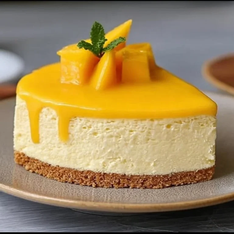 Delicious mango cheesecake topped with fresh mango slices and coconut
