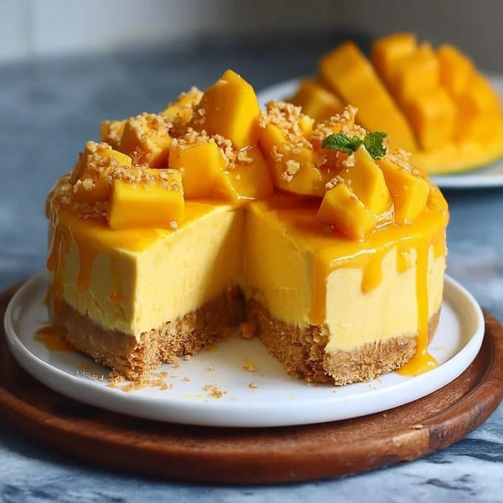 No-bake mango cheesecake topped with fresh mango slices