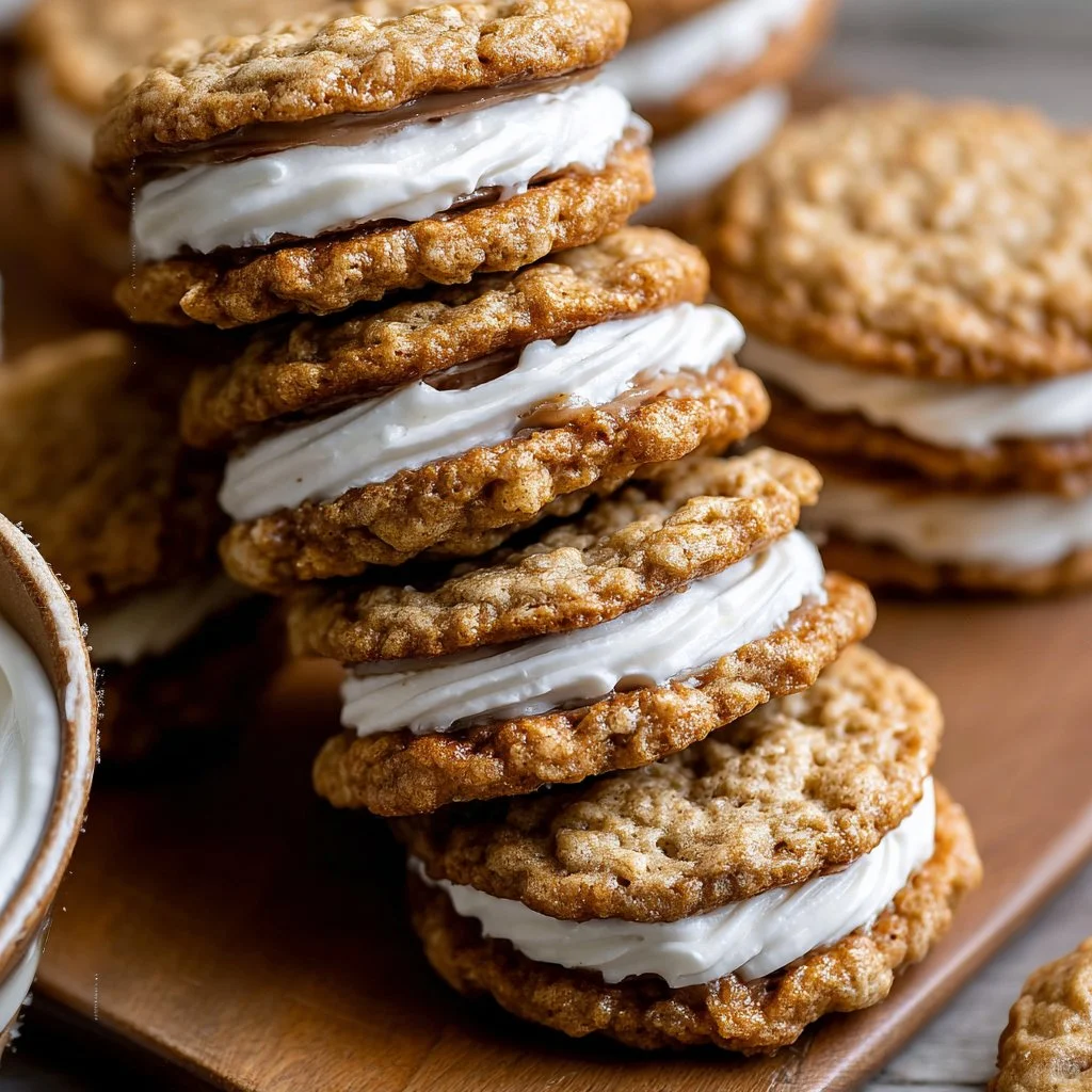 Delicious Oatmeal Cream Pies with cream filling stacked on a plate