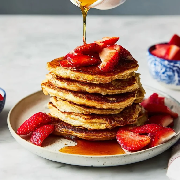 Delicious oatmeal pancakes stacked with syrup and berries.