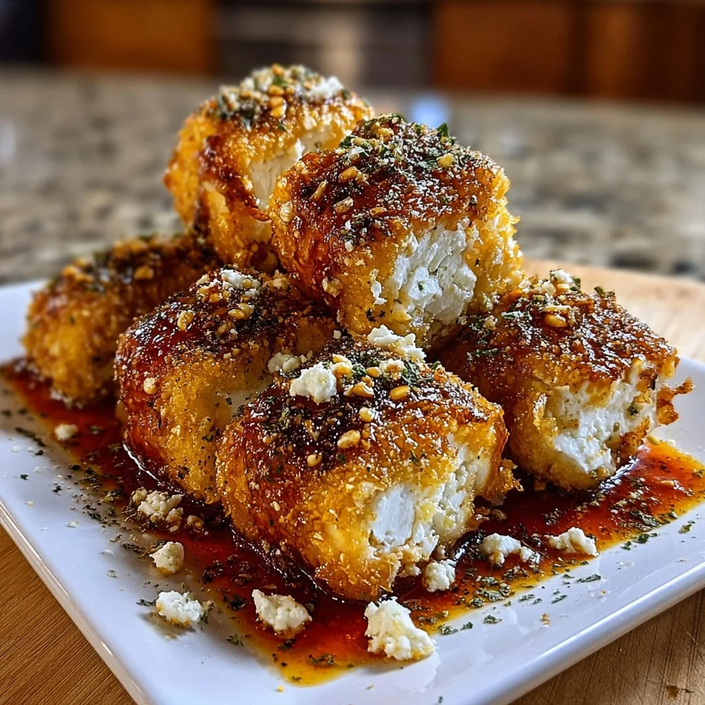Oven fried feta rolls drizzled with chili honey, showcasing a delicious crispy texture.