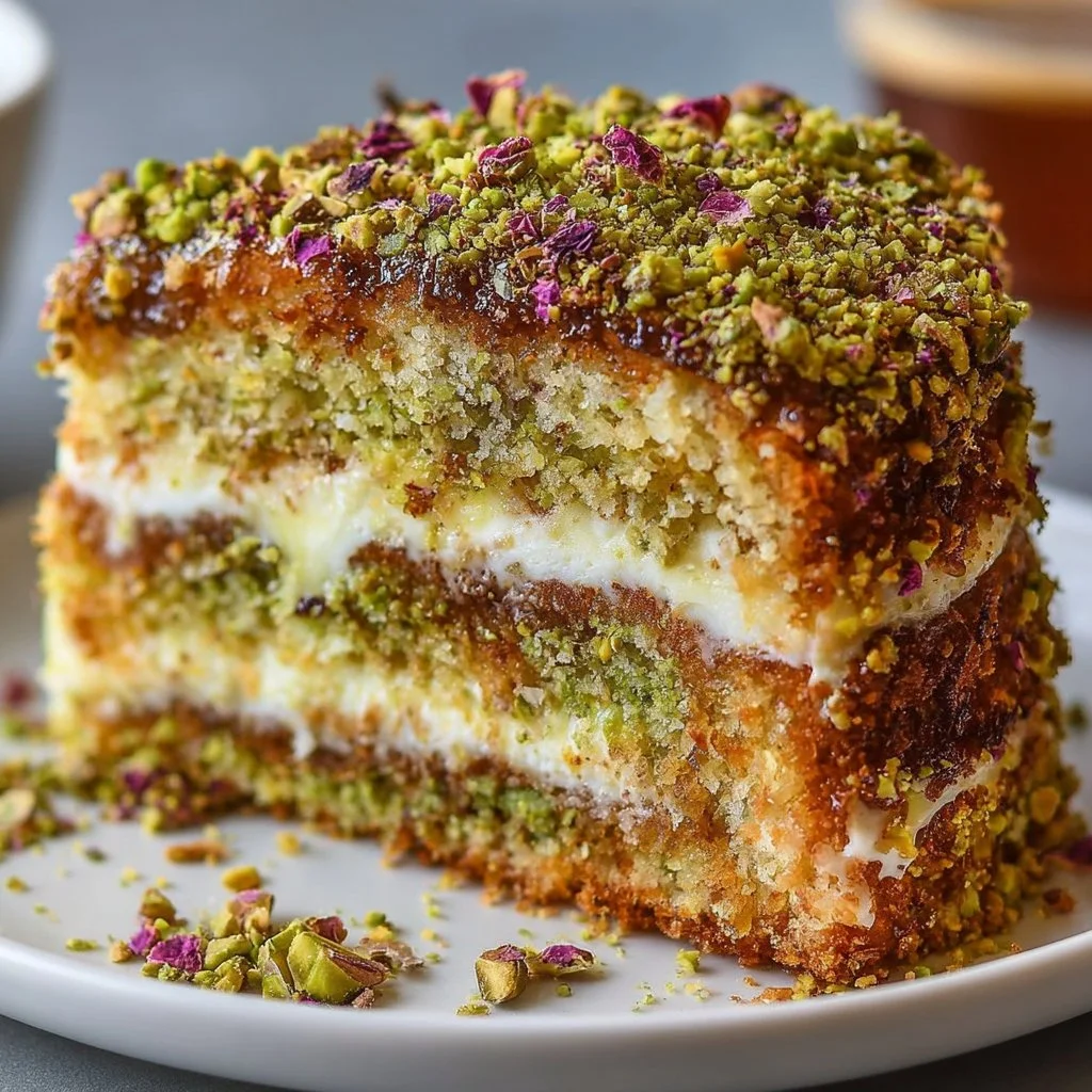 Pistachio Rose Baklava Layer Cake with creamy layers and vibrant decoration