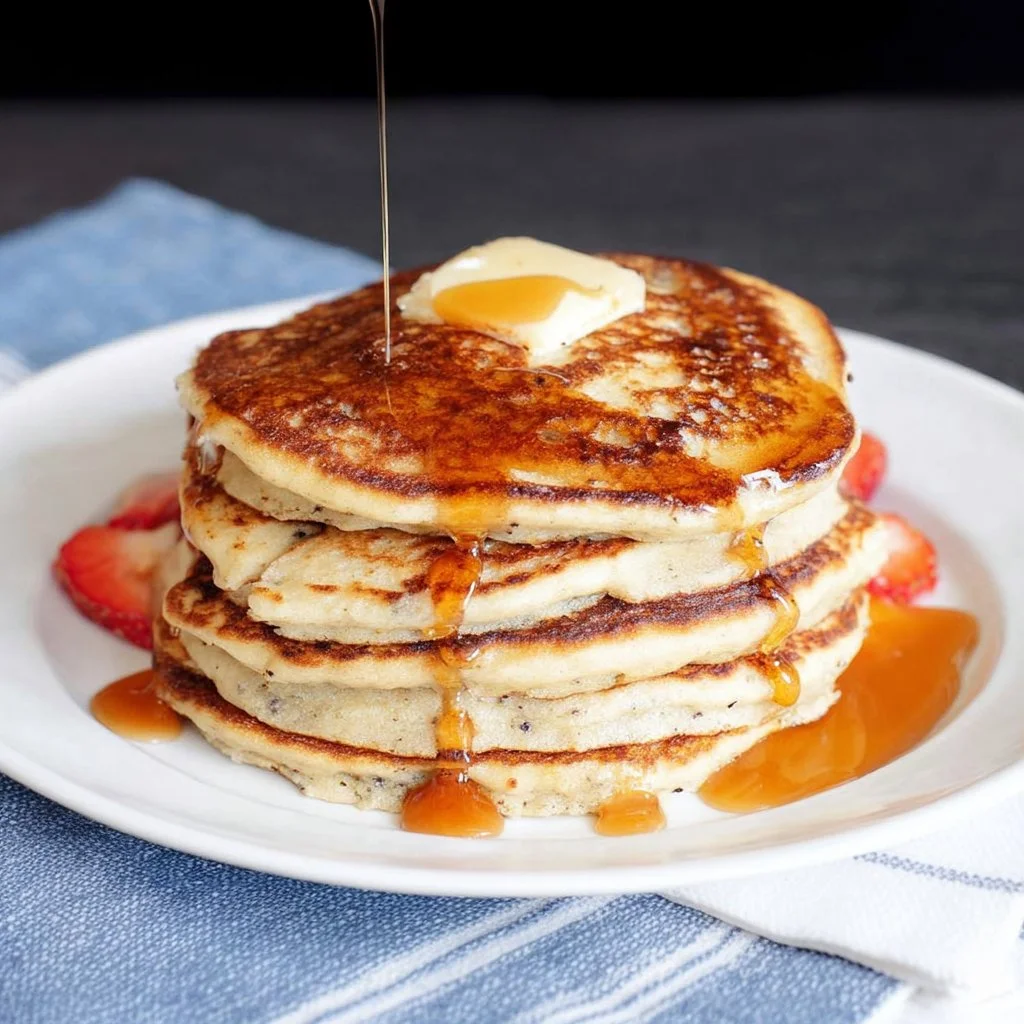 Fluffy protein pancakes stacked on a plate with fresh fruit