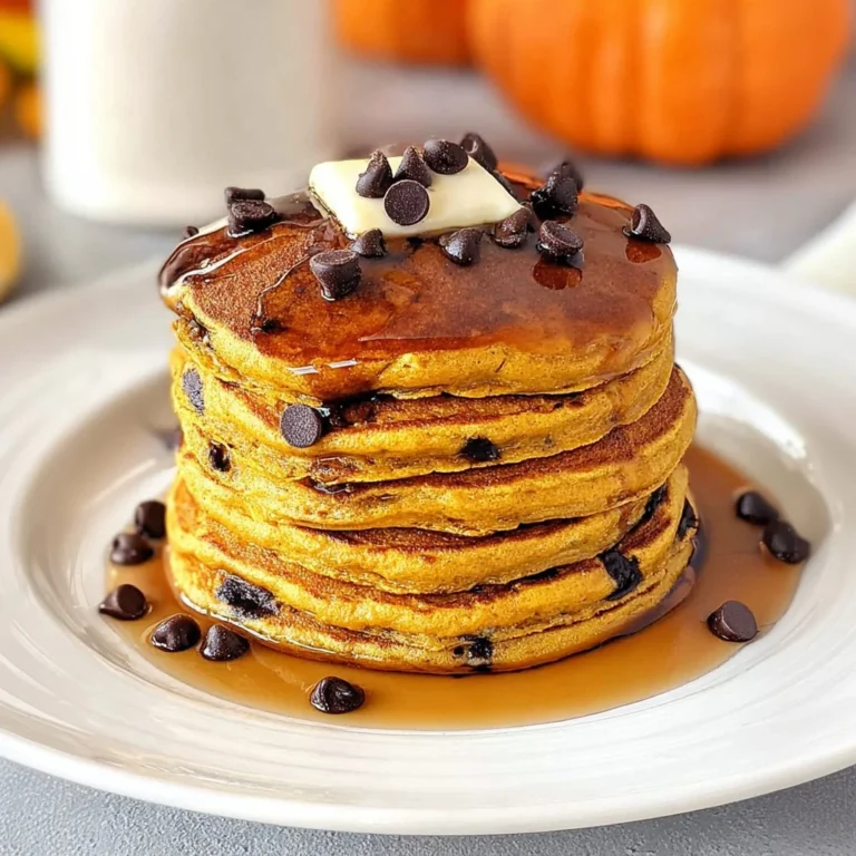 Delicious pumpkin chocolate chip pancakes stacked on a plate