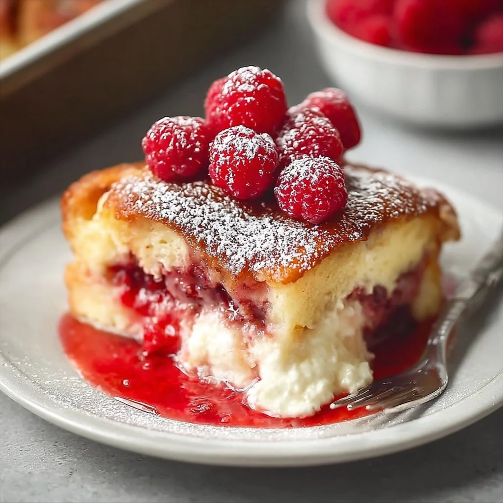 Delicious Raspberry Cheesecake French Toast Casserole served with berries.