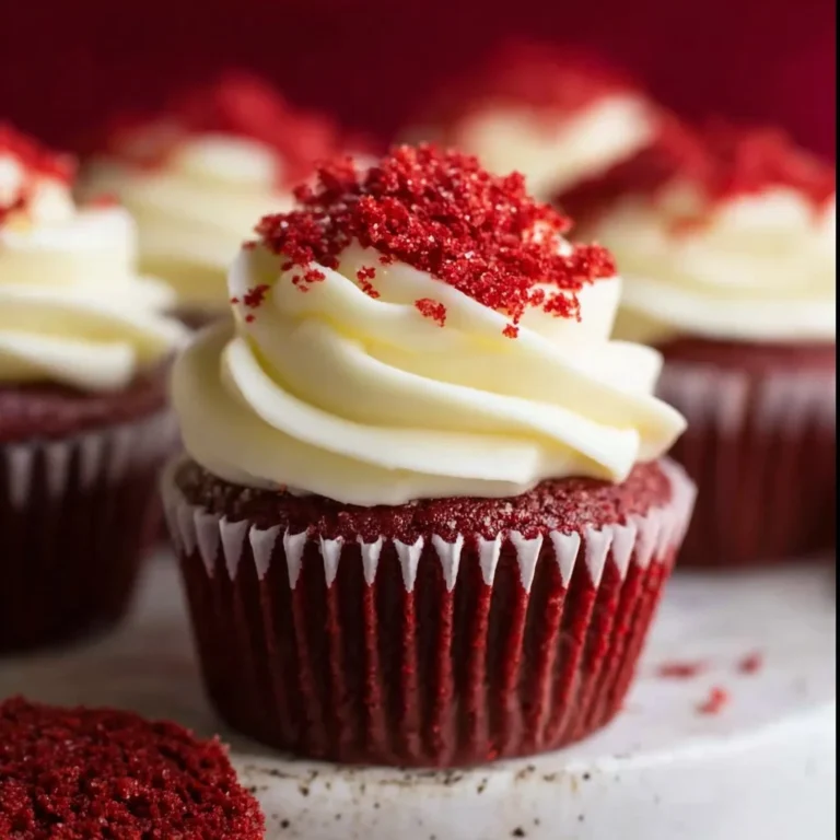 Delicious red velvet cupcakes with creamy frosting and decorative sprinkles.