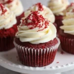 Delicious red velvet cupcakes with cream cheese frosting on a decorative plate