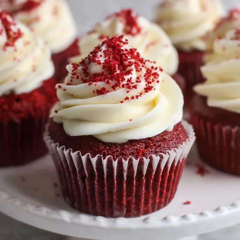 Delicious red velvet cupcakes with cream cheese frosting on a decorative plate