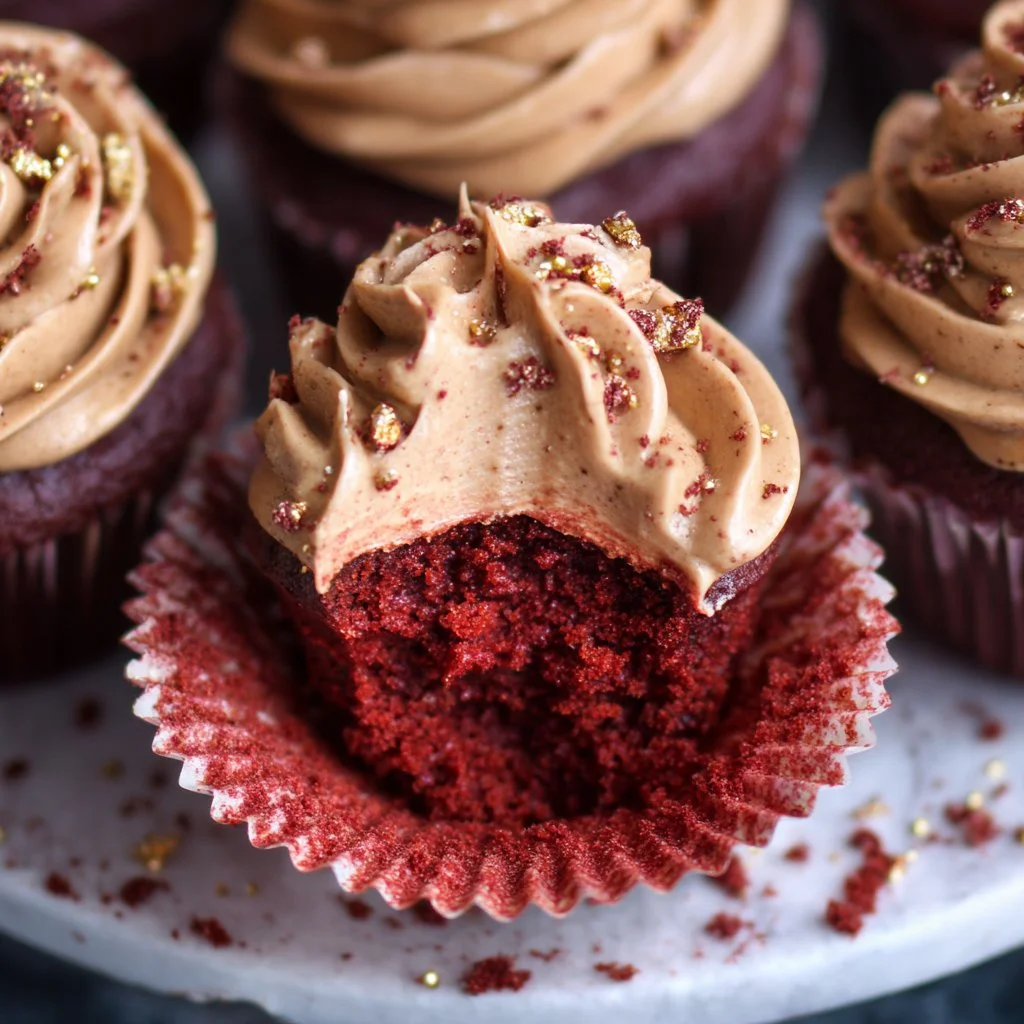 Delicious red velvet cupcakes topped with Nutella buttercream frosting.