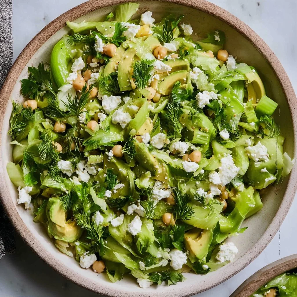 A bowl of refreshing celery salad with fresh vegetables and dressing