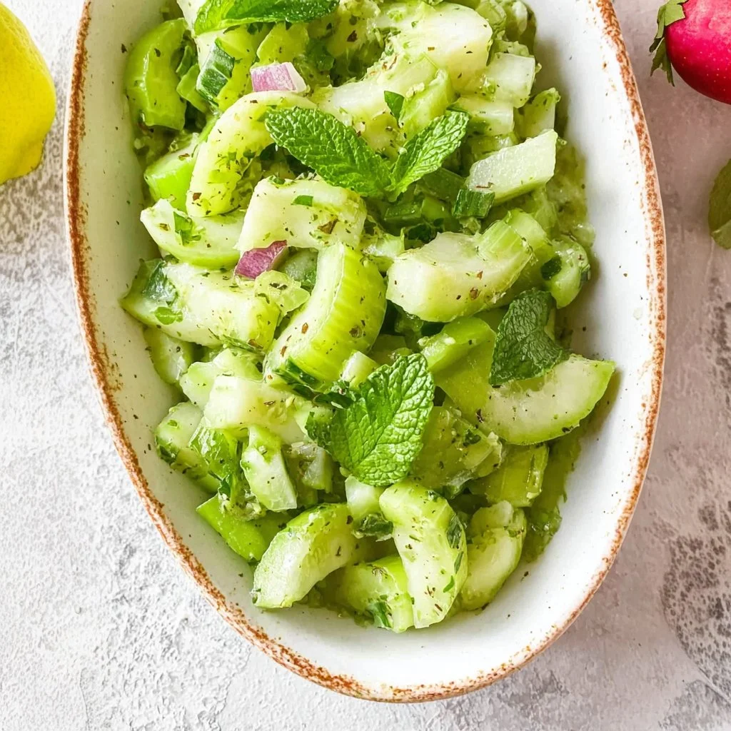Refreshing cucumber celery salad served in a bowl, ideal summer dish.