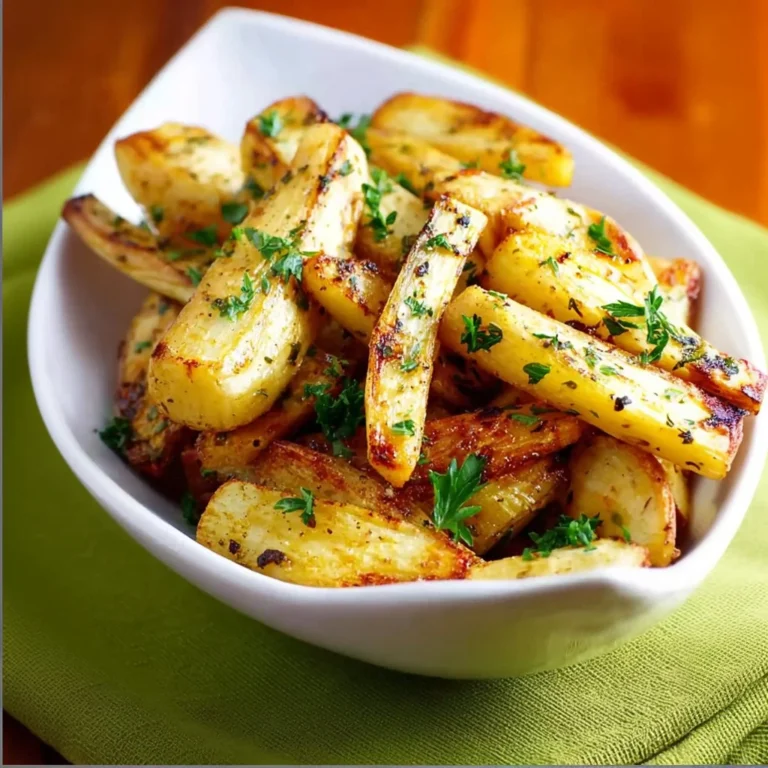 Bowl of delicious roasted parsnips, golden and crispy, served as a side dish.
