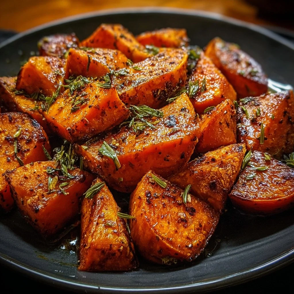 Crispy roasted sweet potatoes golden brown, perfectly seasoned and ready to serve.