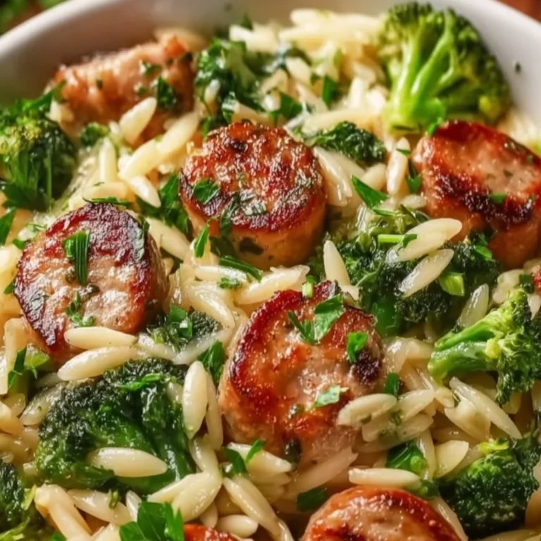 Savory chicken sausage with broccoli orzo in a bowl, ideal for a cozy meal.