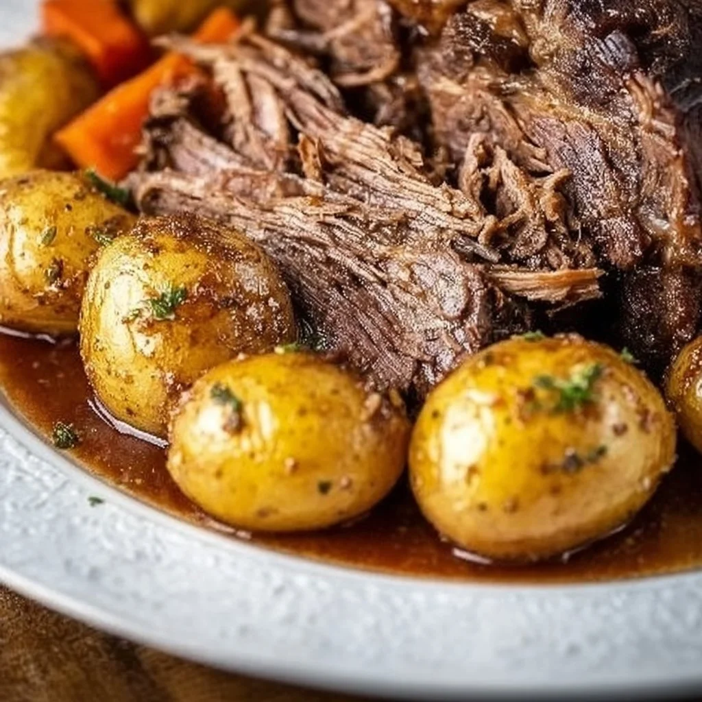 Savory chuck roast cooked in an Instant Pot with herbs and vegetables for a hearty meal.