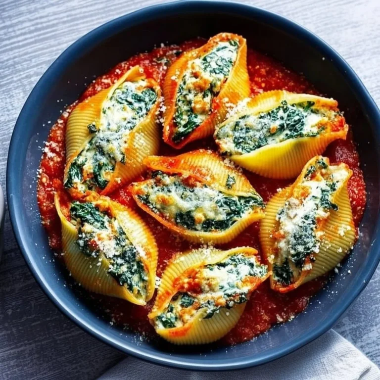 Baked spinach and ricotta stuffed shells topped with marinara sauce