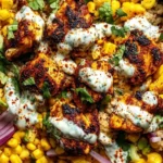 Delicious street corn chicken bowl topped with fresh ingredients and spices