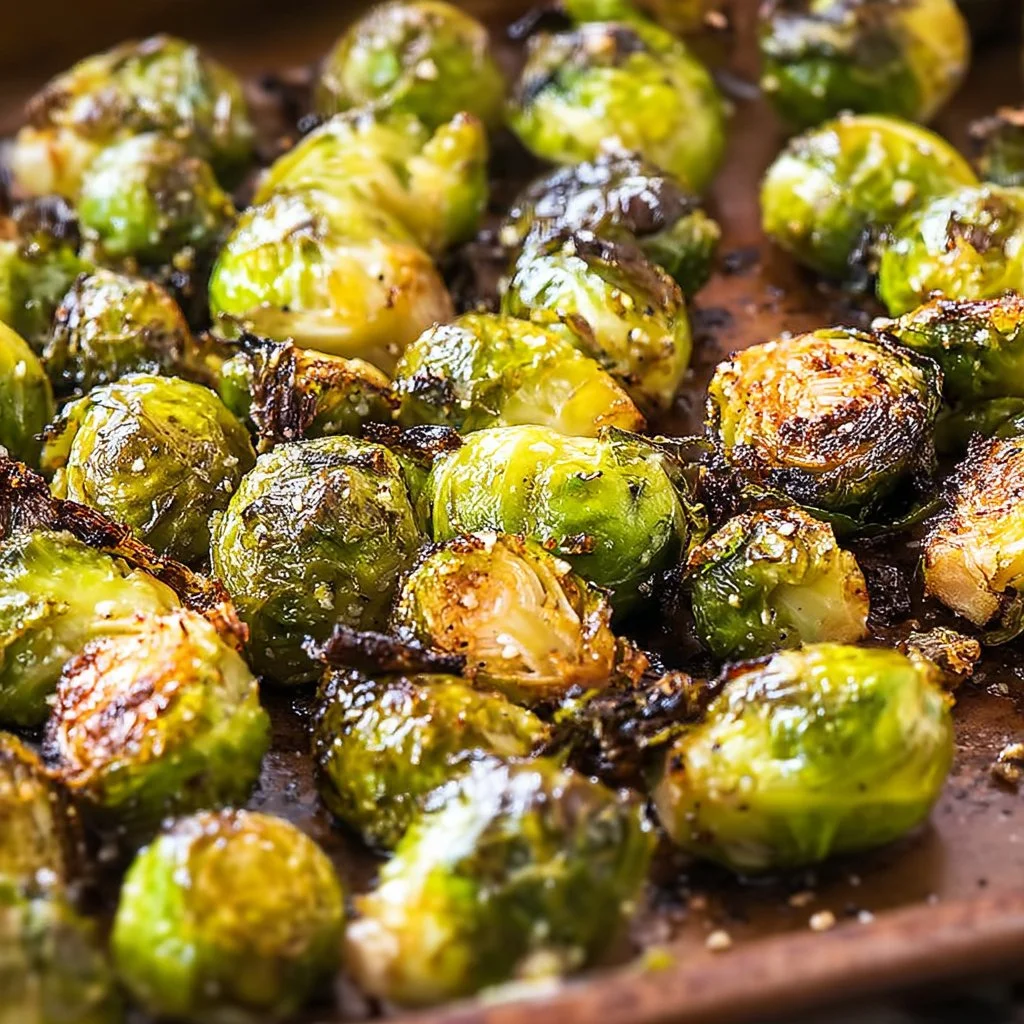 Deliciously roasted Brussels sprouts garnished with herbs and spices.