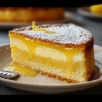 Delicious lemon custard cake slice with fresh lemon garnish