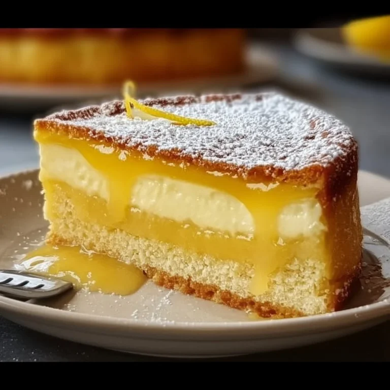 Delicious lemon custard cake slice with fresh lemon garnish