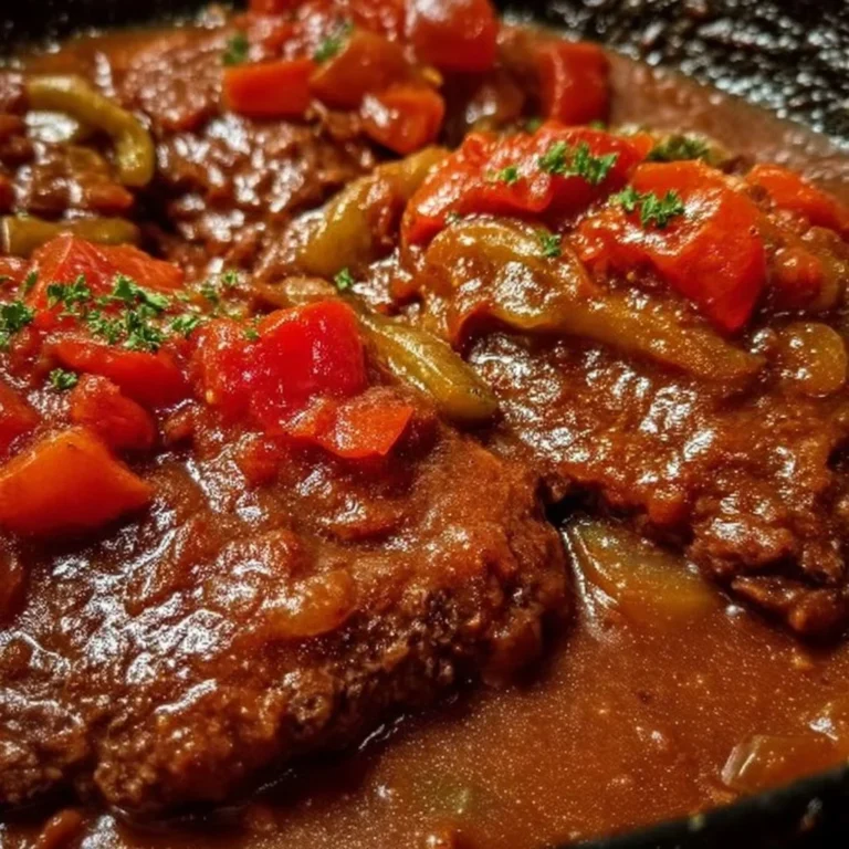 A hearty plate of Swiss Steak served with rich gravy over mashed potatoes.