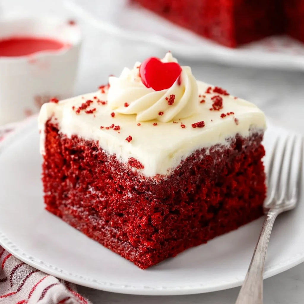 Delicious slice of easy red velvet cake with cream cheese frosting.