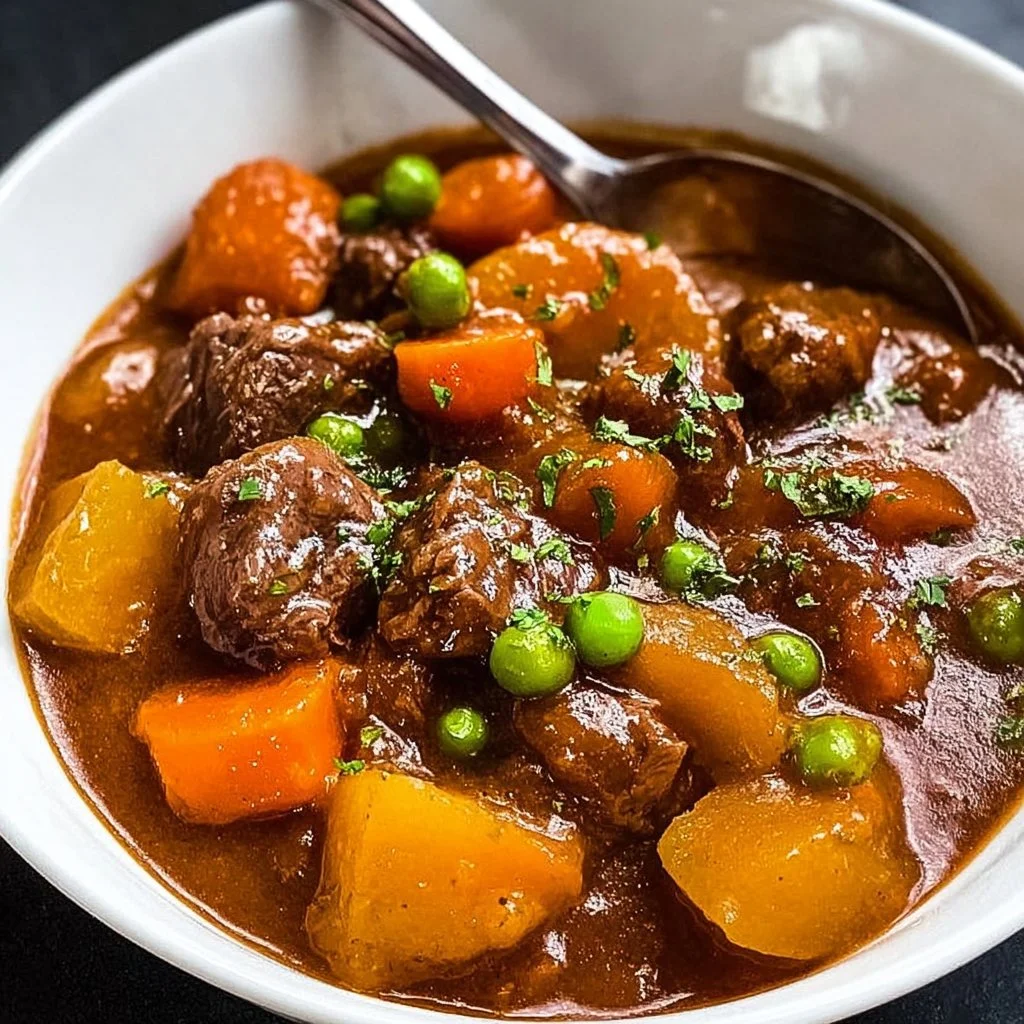 Delicious bowl of slow cooker beef stew with vegetables and herbs