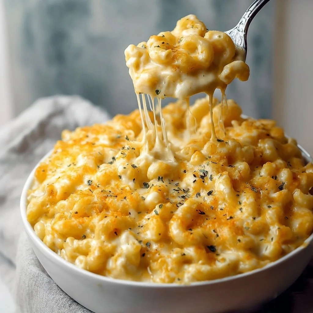 A creamy bowl of mac and cheese topped with golden breadcrumbs