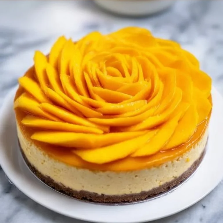 Delicious mango cheesecake topped with fresh mango slices