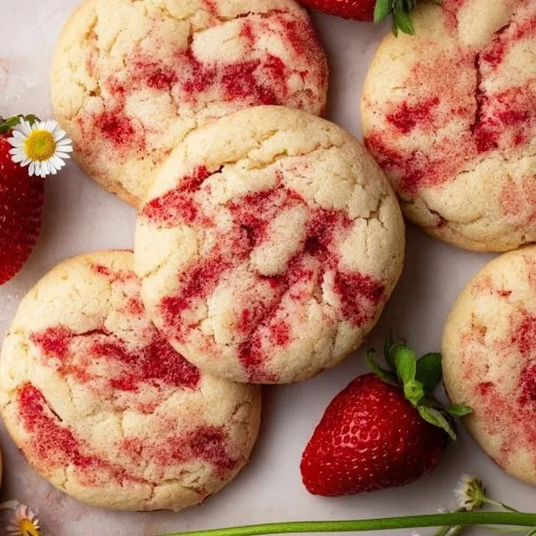 Freshly baked strawberry cheesecake cookies on a cooling rack