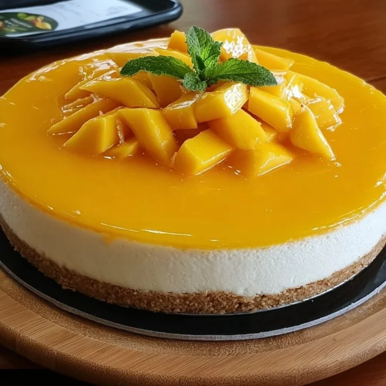 Tropical mango cheesecake with a graham cracker crust and mango garnish