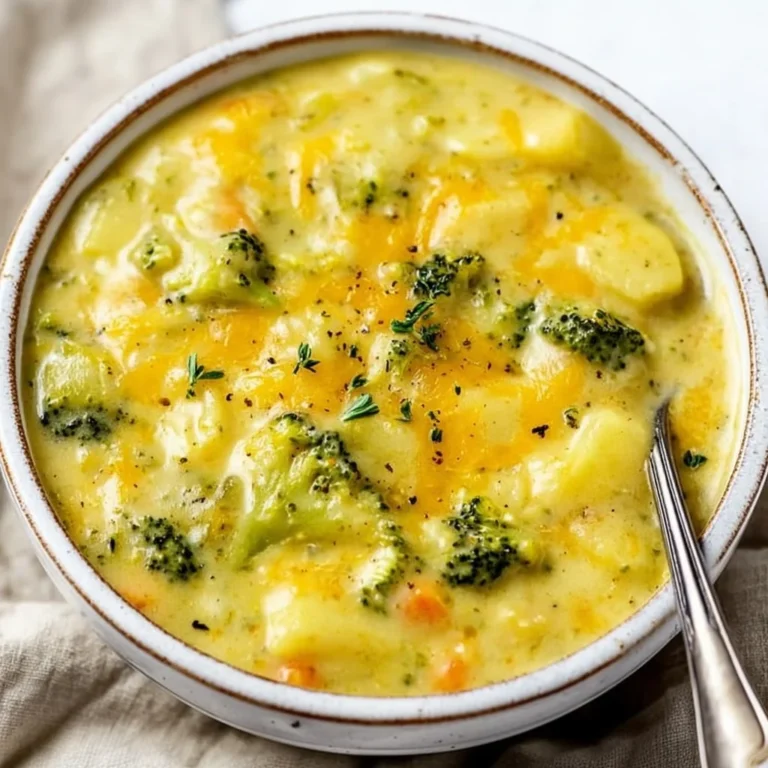 Bowl of creamy broccoli potato cheese soup topped with herbs for a comforting meal.