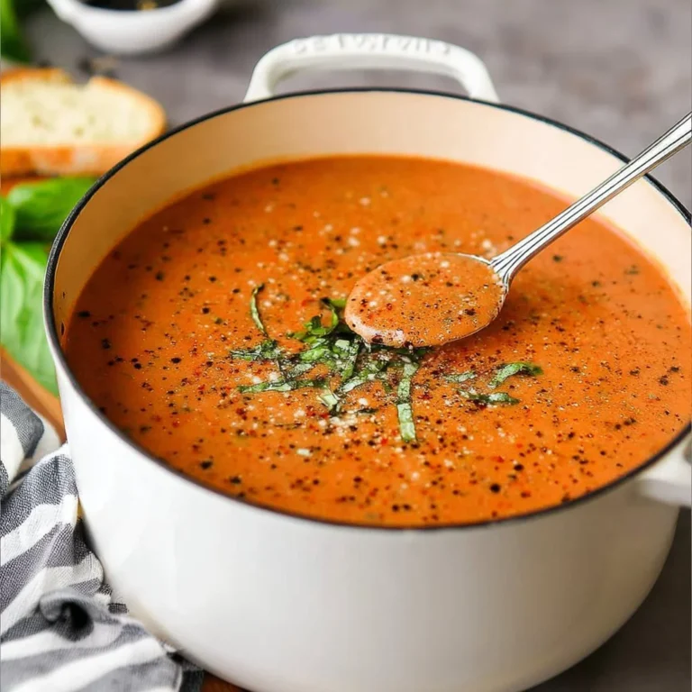 Bowl of Tomato Basil Parmesan Soup garnished with fresh basil and parmesan cheese