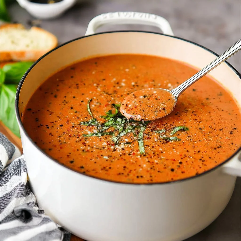 Bowl of Tomato Basil Parmesan Soup garnished with fresh basil and parmesan cheese