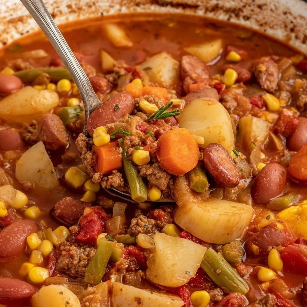 Bowl of hearty Texas Cowboy Stew with beans, meat, and spices