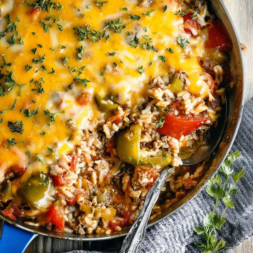 Plate of unstuffed bell peppers with rice, ground beef, and vegetables.