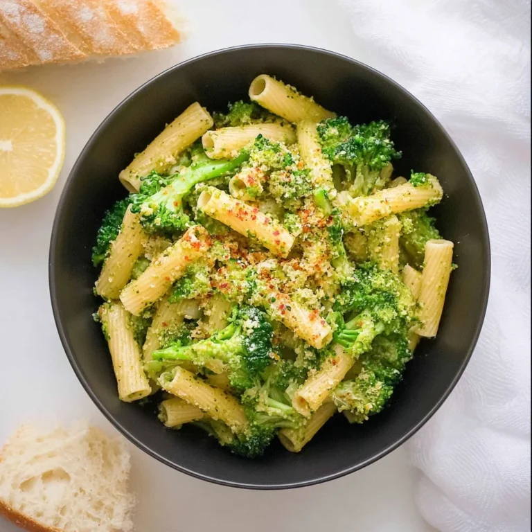 Bowl of wholesome vegan broccoli pasta with fresh vegetables and herbs