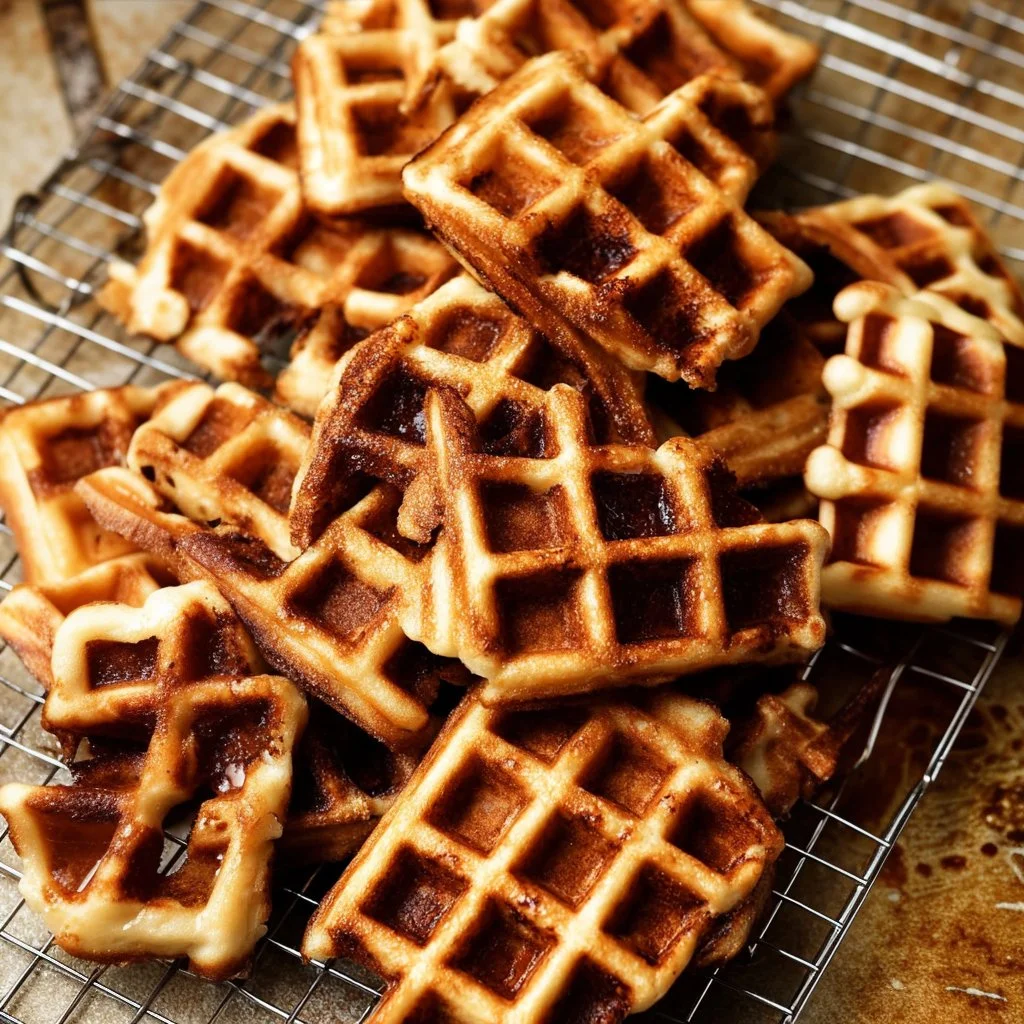 Golden brown yeasted waffles stacked on a plate with syrup and berries.
